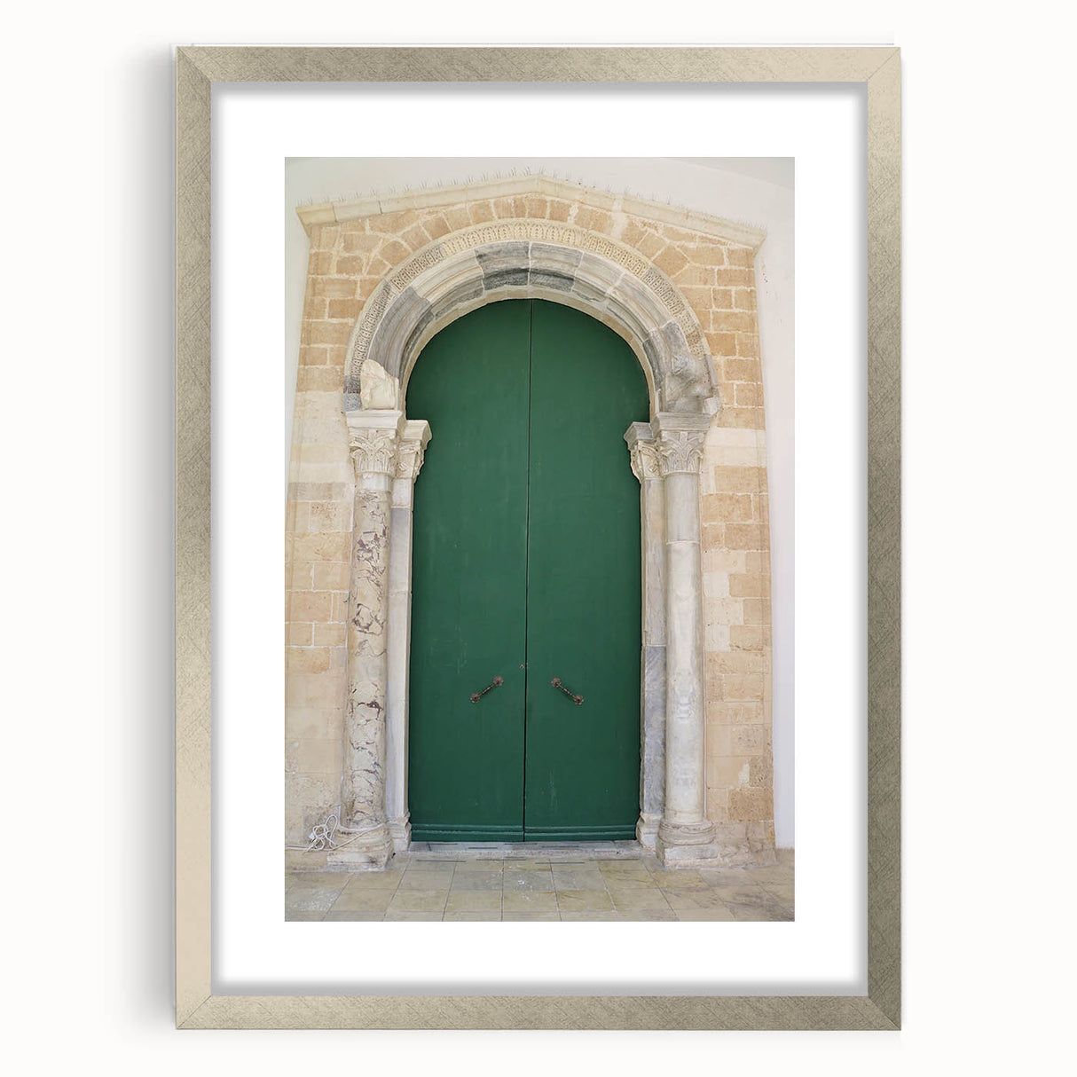 Textured abstract art print of a Caribbean scenery in muted blue and green hues, framed in silver, ideal for bedroom art.