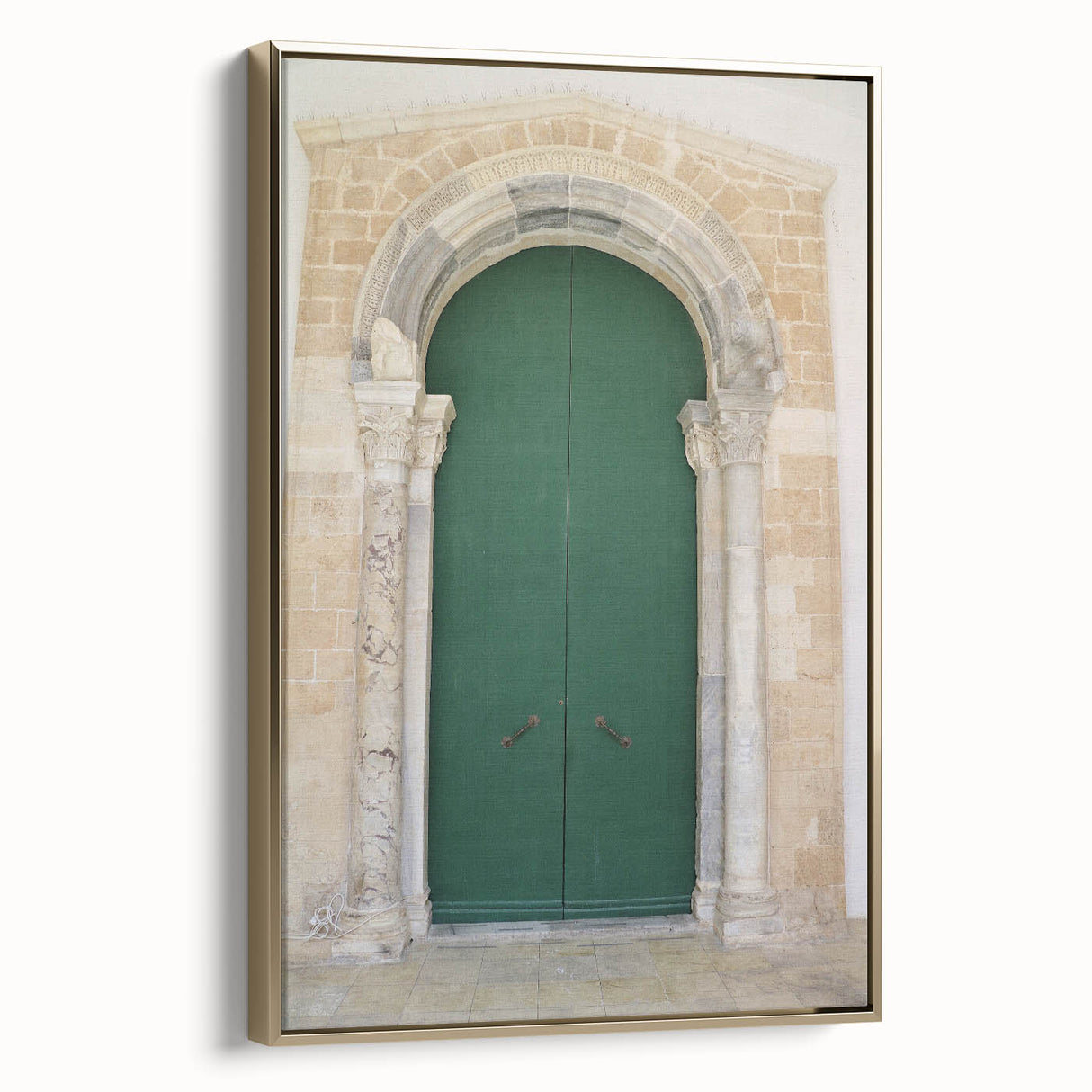 Framed canvas featuring a vintage-style landscape painting of Saint Lucia with a black and gold color scheme.