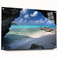 Large abstract wall art of a Caribbean scene on acrylic glass, featuring turquoise ocean and sky.