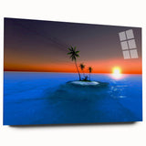 Large abstract wall art of the Caribbean Virgin Islands in muted blue and green tones on acrylic glass.