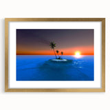 Abstract art print of the Caribbean Virgin Islands in muted blue and green tones, framed in gold.
