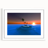 Textured art print of the Caribbean Virgin Islands in abstract style on a white framed mat, suitable for bedroom art.