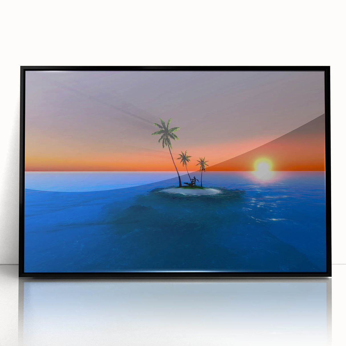 Large abstract wall art depicting the Caribbean Virgin Islands in vibrant blue and green hues on a framed acrylic print.