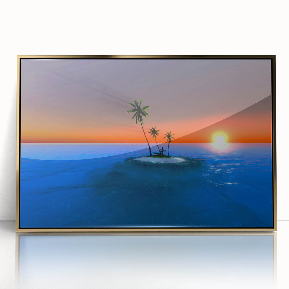 Framed acrylic print of Caribbean Virgin Islands, in soft blue and green tones, suitable for modern art wall decor.