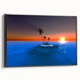 Black and white framed canvas featuring a vintage-style landscape of the Caribbean Virgin Islands, ideal for bedroom decor.
