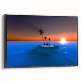 Black and white framed canvas featuring a vintage-style landscape of the Caribbean Virgin Islands, ideal for bedroom decor.