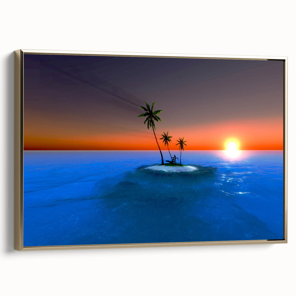 Framed canvas wall art featuring a serene Caribbean landscape with lush greenery and calm blue waters.