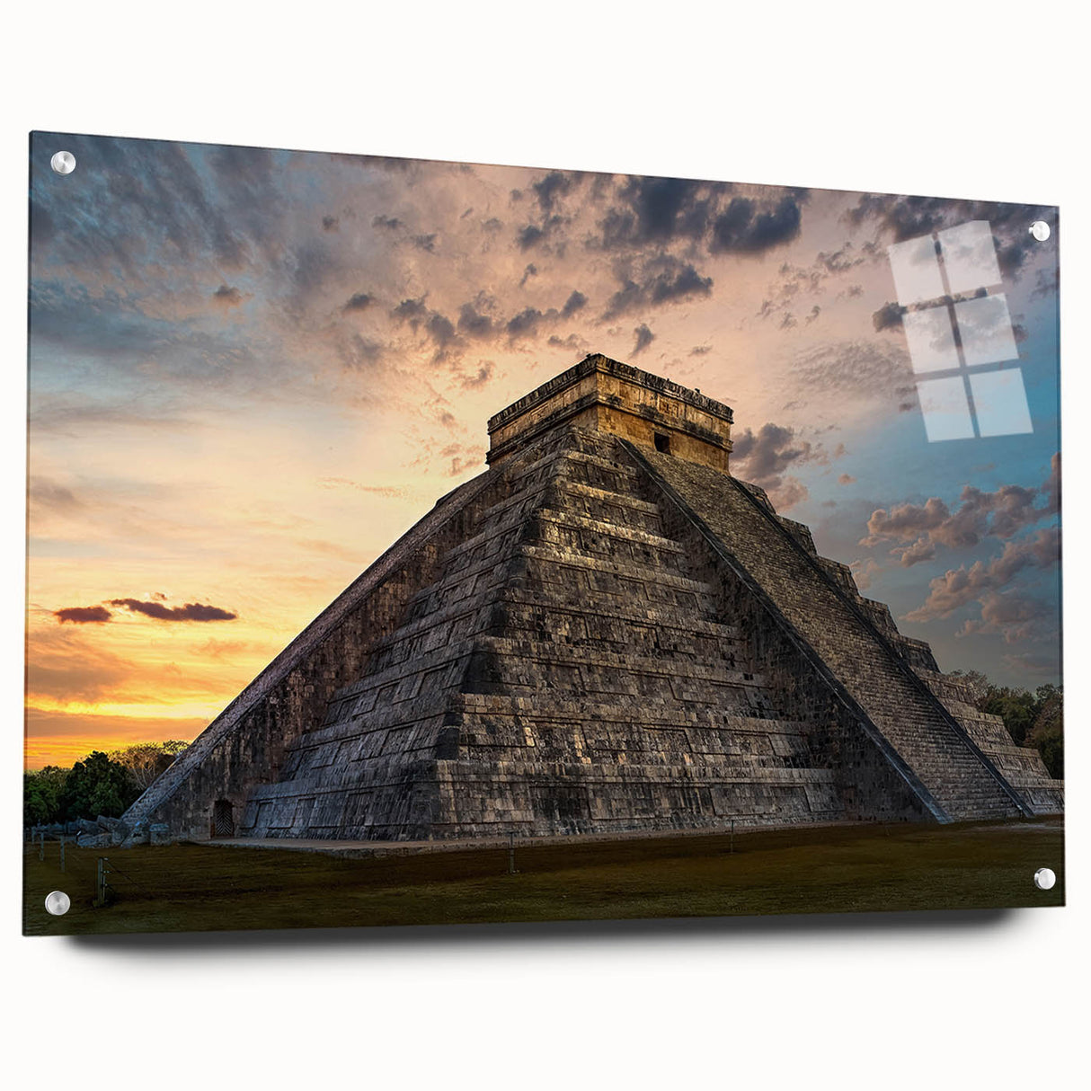 Acrylic print of a large abstract depiction of Central American scenery in blue and green tones.