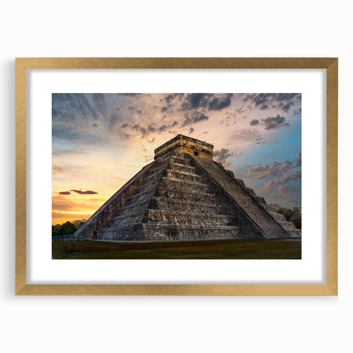 Extra large abstract art print featuring textured scenery of Central America in gold frame, suitable for living room decor.