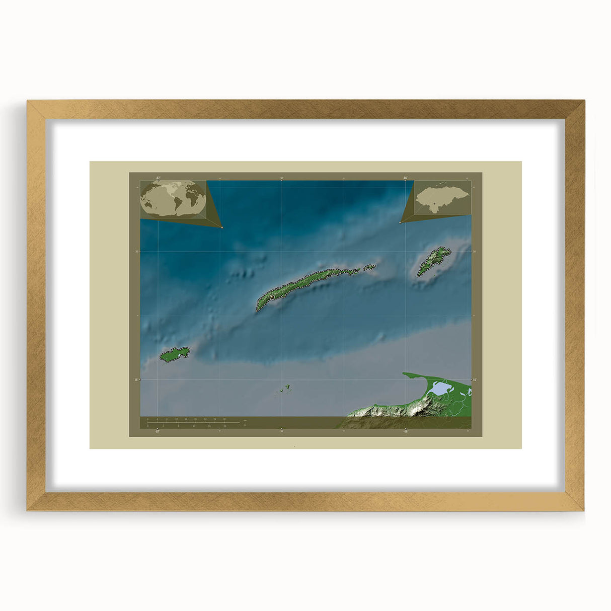 Abstract art print depicting a textured scenery of Central America in muted earth tones, framed in gold.