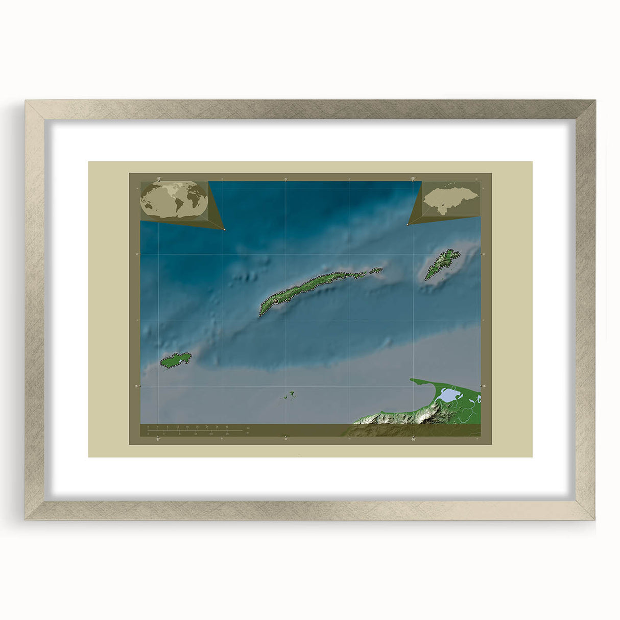 Textured abstract art print depicting a Central American scenery in muted earth tones, framed in silver.