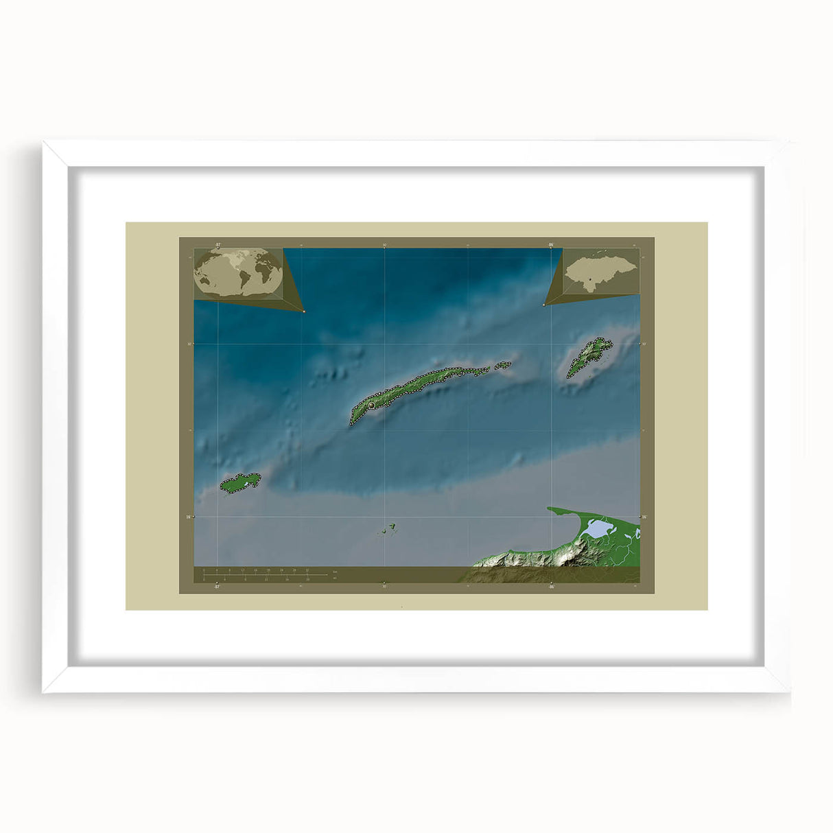 Abstract art print depicting a vibrant Central American landscape in a white framed mat.