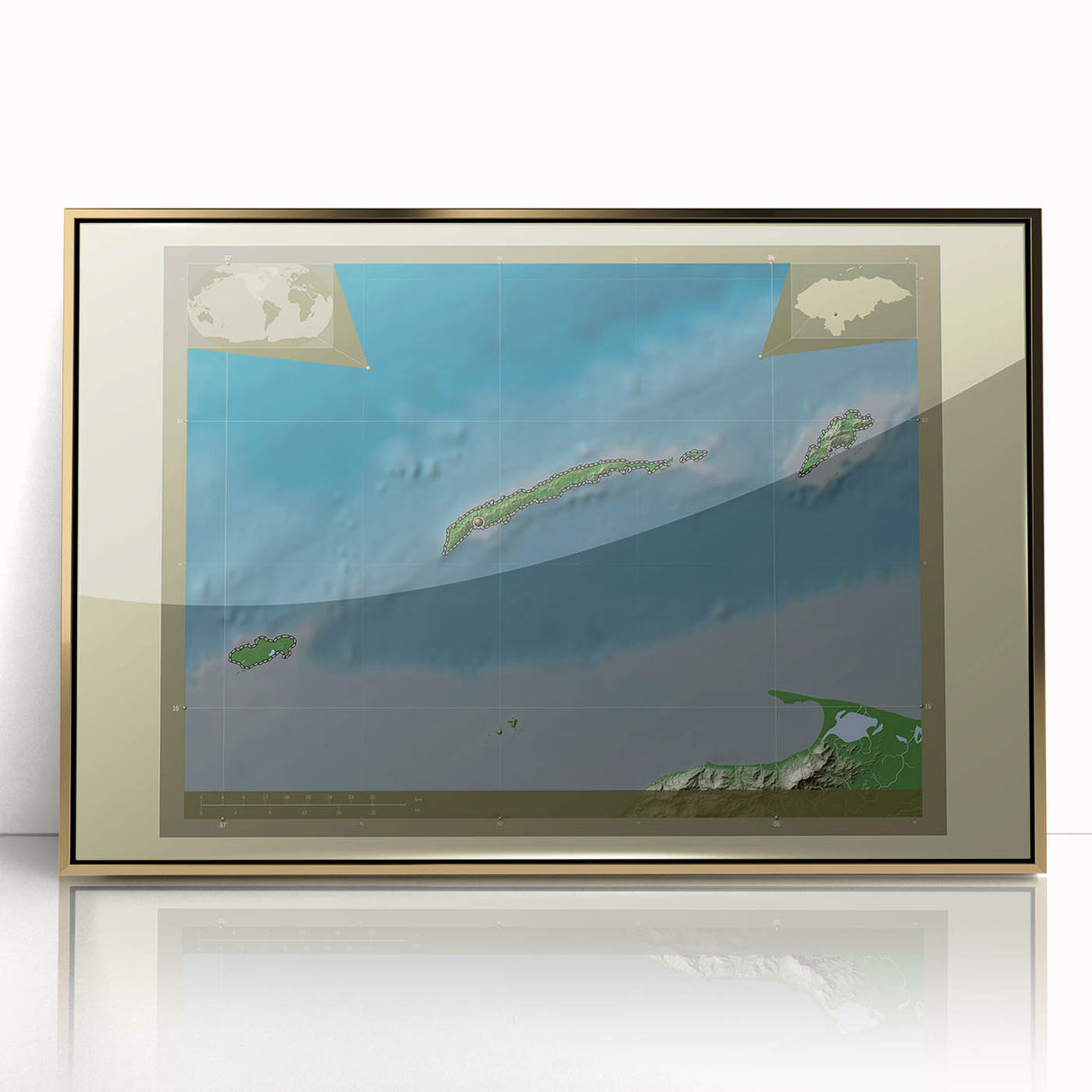 Mid-century modernist style depiction of a Central American landscape in gold and green tones, acrylic print framed.