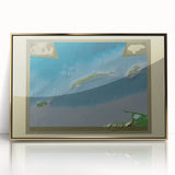 Mid-century modernist style depiction of a Central American landscape in gold and green tones, acrylic print framed.