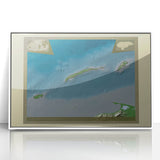 Art deco poster of a Central American scenery in muted earth tones, framed acrylic, ideal for modern nursery wall decor.