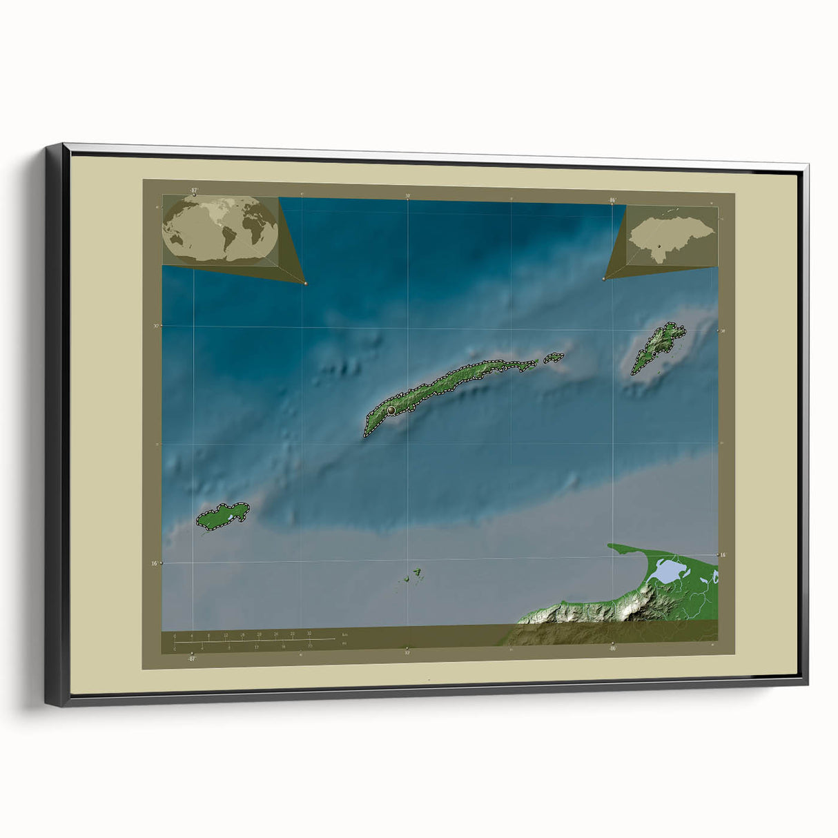 Black and white framed canvas featuring a vintage-style landscape of Honduras, ideal for bedroom wall decor.