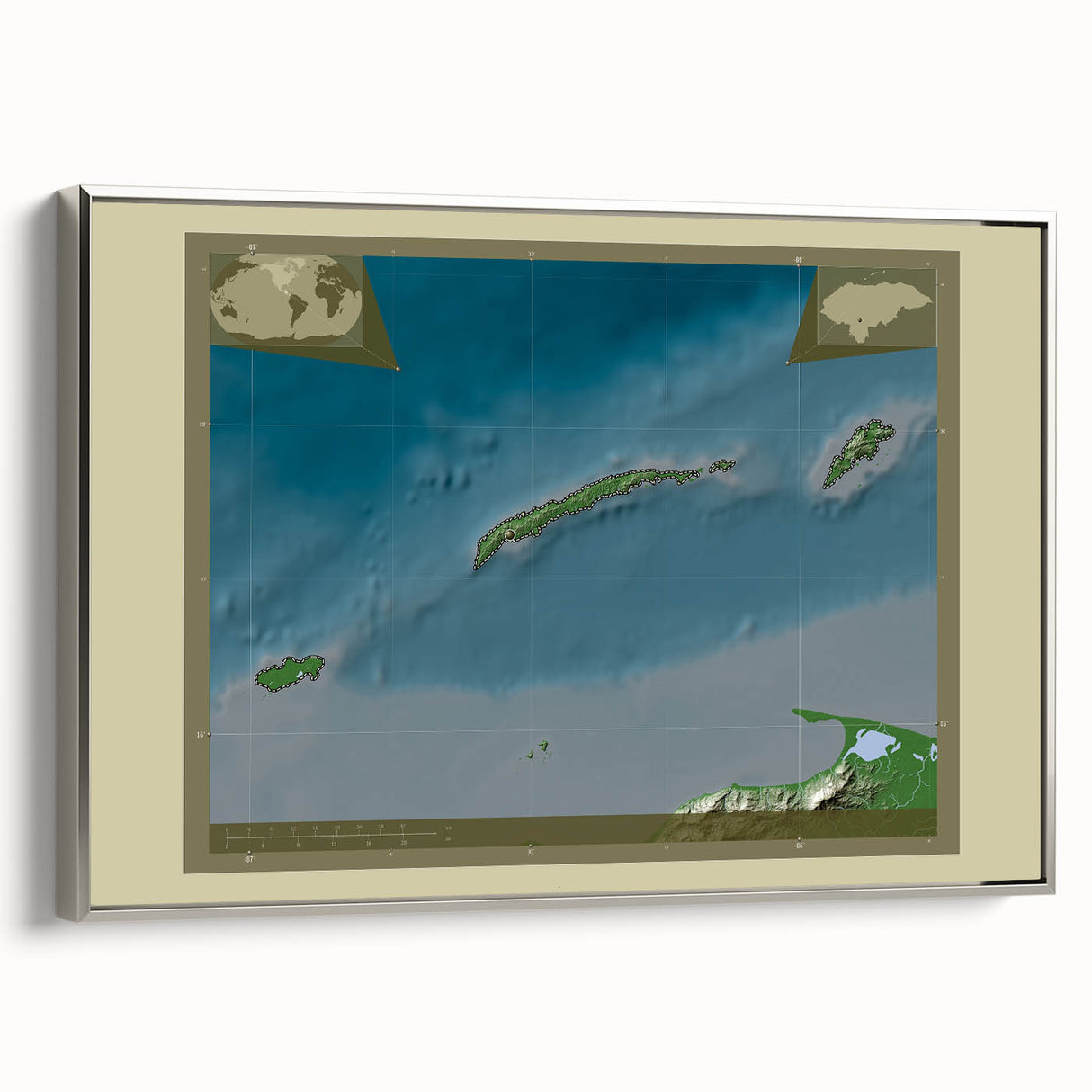 Landscape art painting of a Central American scenery on a framed canvas, featuring vibrant colors with black borders.