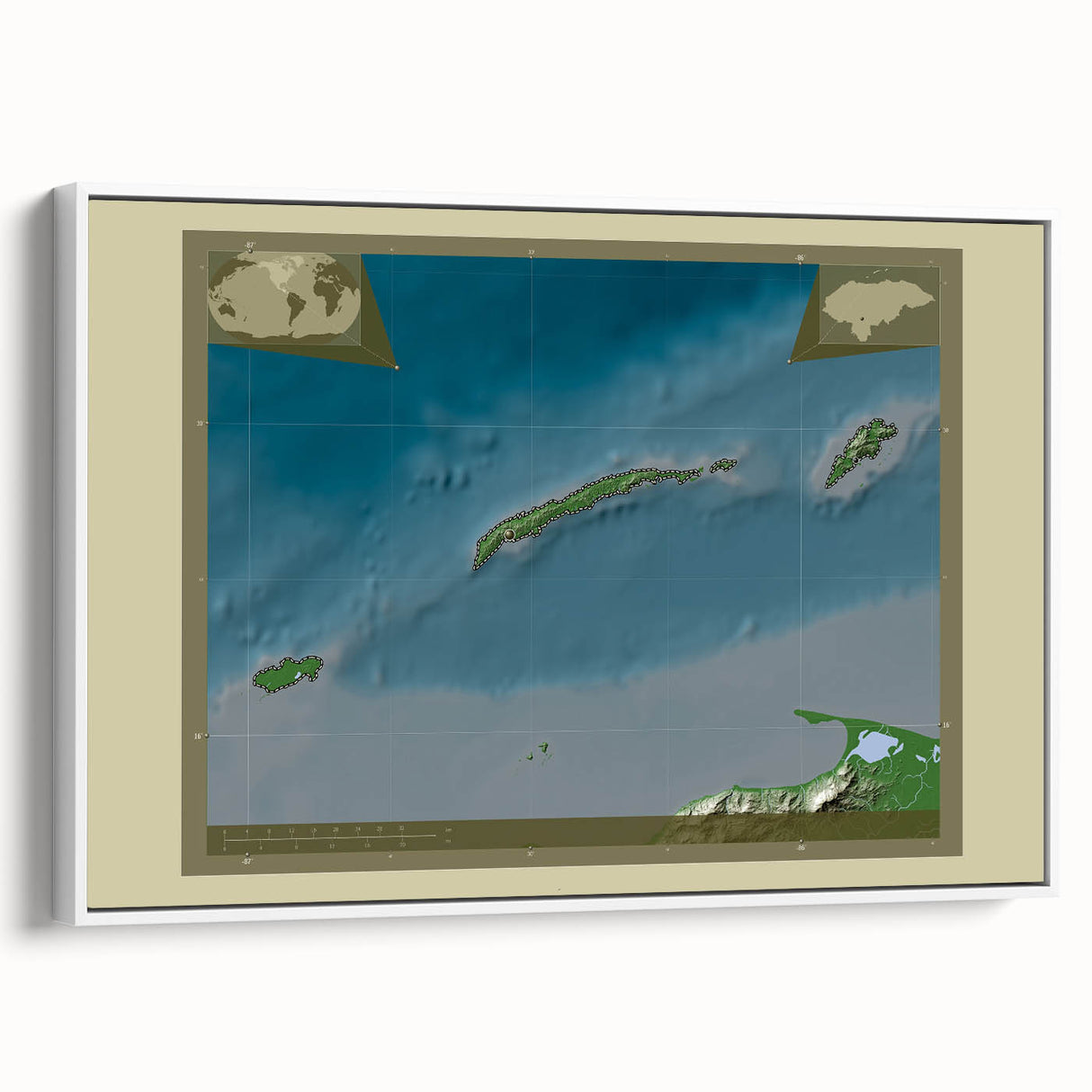 Vintage poster art of a Central American scenery on a framed canvas, featuring vibrant colors against a black background.