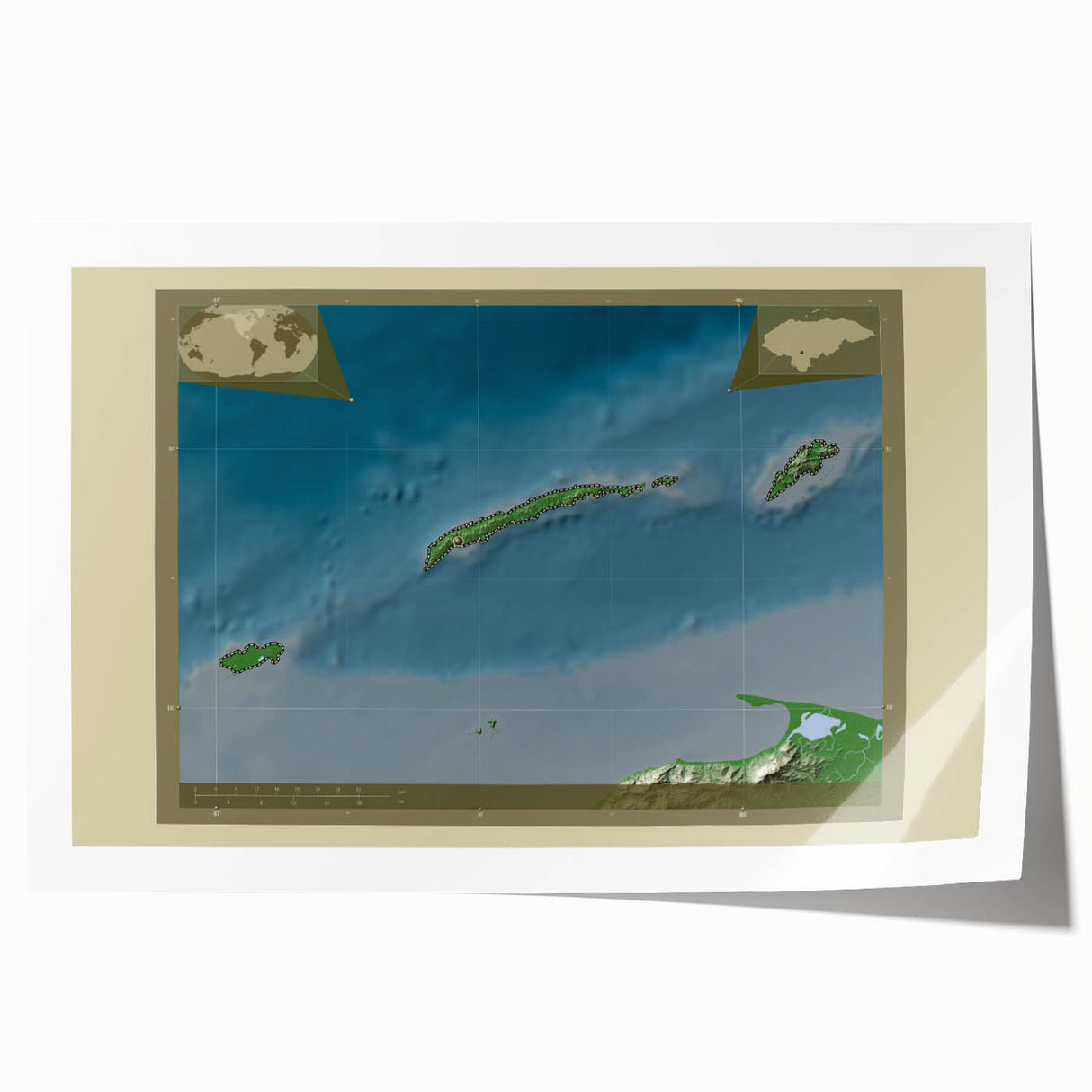 Extra large rolled print of a Central American landscape in soft green and blue tones, ideal for dining room wall art.