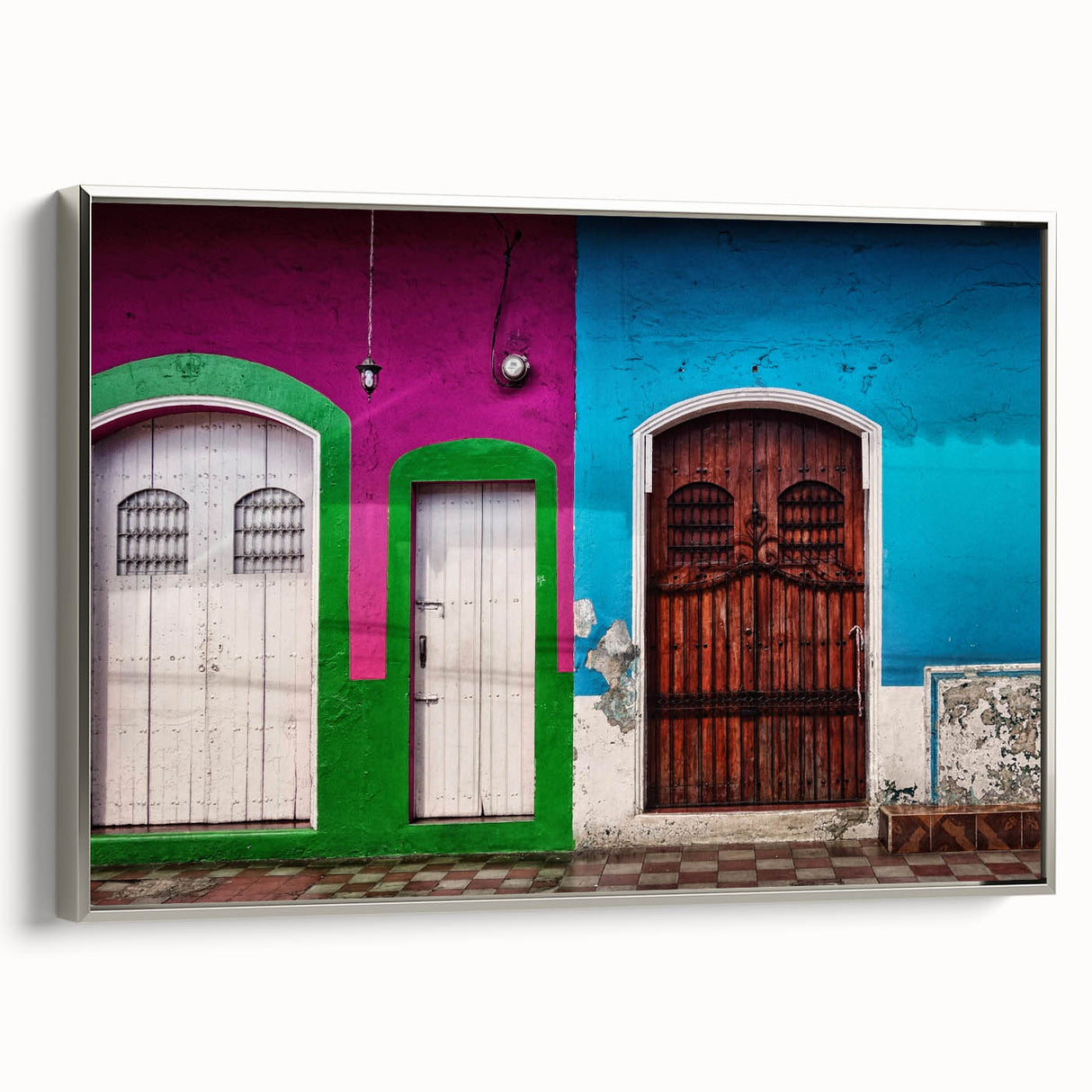 Framed canvas landscape art painting depicting a vibrant, colorful Central American scenery, ideal for a modern living room.