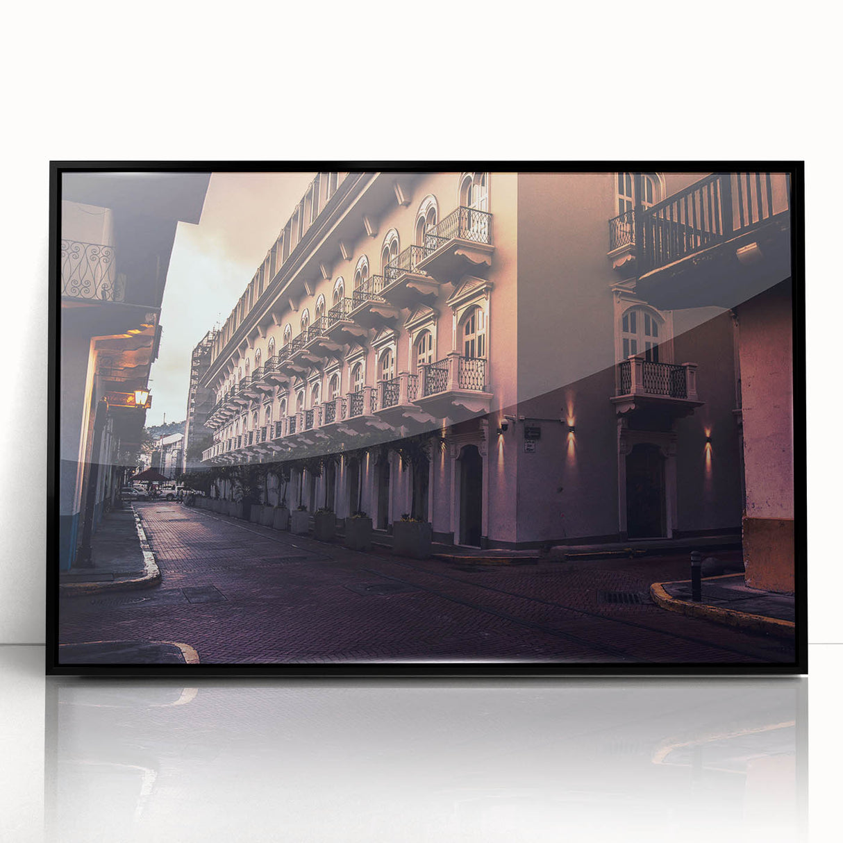 Large abstract wall art depicting a stylized Panama landscape in mid-century modernist style, framed in black acrylic.