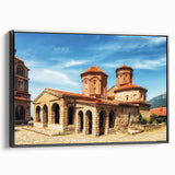 Black and white vintage poster art of an Albanian landscape on framed canvas, ideal for bedroom decor.