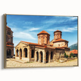 Framed canvas featuring a vintage-style landscape painting of Albania, with muted earth tones, ideal for bedroom wall art.
