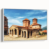 Vintage poster art of a European Albanian scenery on a white framed canvas.