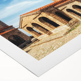 Art deco poster of an Albanian landscape in muted earth tones on rolled canvas, suitable for dining room decor.