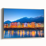 Landscape art painting of an Austrian scenery in muted greens and blues on a framed canvas, ideal for living room decor.