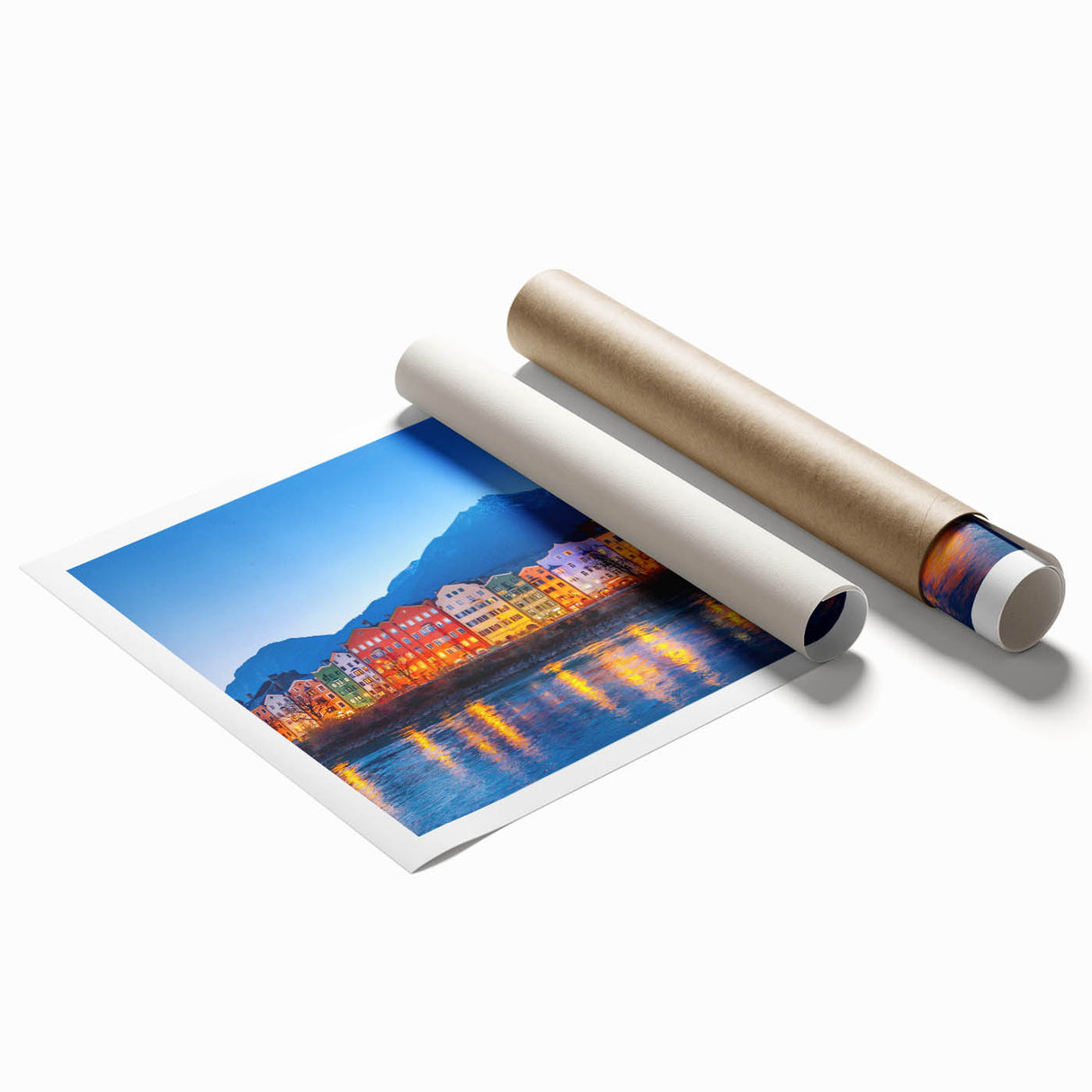Extra large rolled print depicting a scenic Austrian landscape with vibrant green and blue tones.