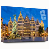 Large abstract wall art of European scenery in muted blues and greens on acrylic glass.