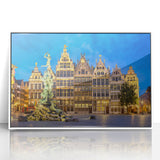 Mid-century modernist art depicting a serene Belgian landscape in muted earth tones on a framed acrylic.