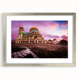 Extra large wall art featuring abstract textured scenery of a European landscape in muted earth tones, framed in silver.