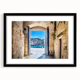 Extra large abstract art print of colorful Croatian scenery on textured canvas, framed in black, ideal for living room decor.