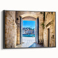 Black and white framed canvas of a vintage Croatian landscape, ideal for bedroom wall decor.