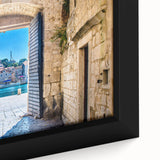 Black wall art featuring a textured Croatian landscape in vibrant colors on a framed canvas, ideal for living room decor.