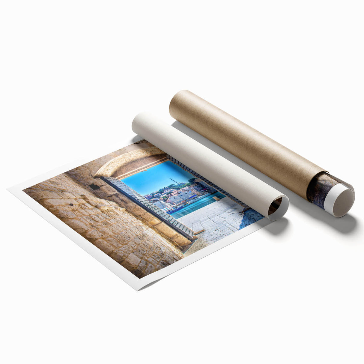 Extra large rolled canvas print featuring a scenic Croatian landscape with vibrant greenery and floral elements.