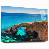 Large abstract wall art depicting a European Cyprus landscape in muted earth tones on acrylic glass.