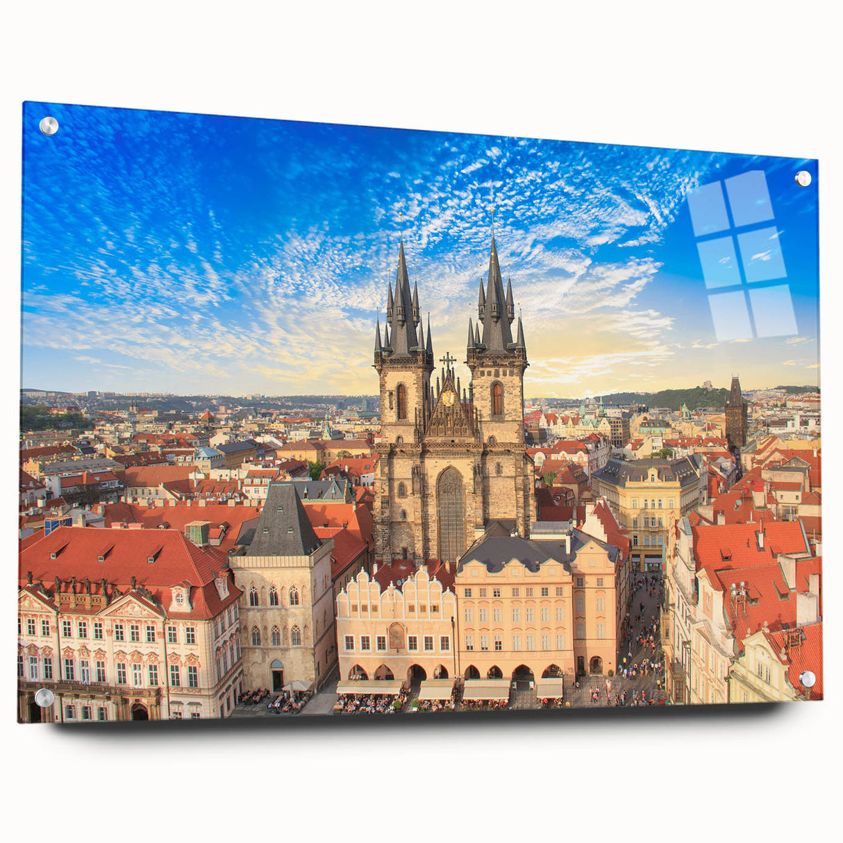 Acrylic print of Prague scenery with muted earth tones, ideal for dining room or bedroom wall art.