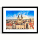Extra large abstract art print of Prague scenery in colorful, textured style on a black framed mat.