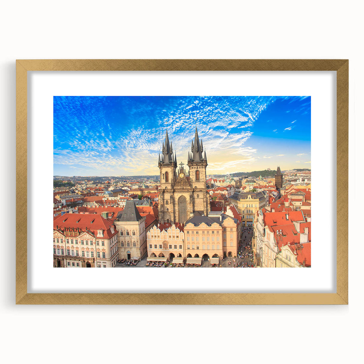 Abstract art print of Prague skyline in muted gold and blue tones on a framed canvas, ideal for dining room decor.