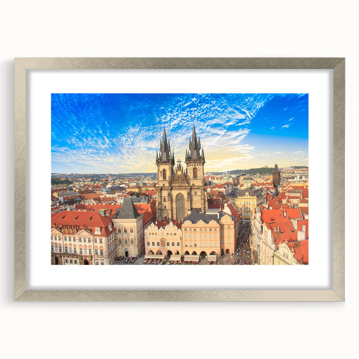 Extra large wall art featuring an abstract textured depiction of Prague in muted tones, framed in silver.