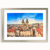 Extra large wall art featuring an abstract textured depiction of Prague in muted tones, framed in silver.
