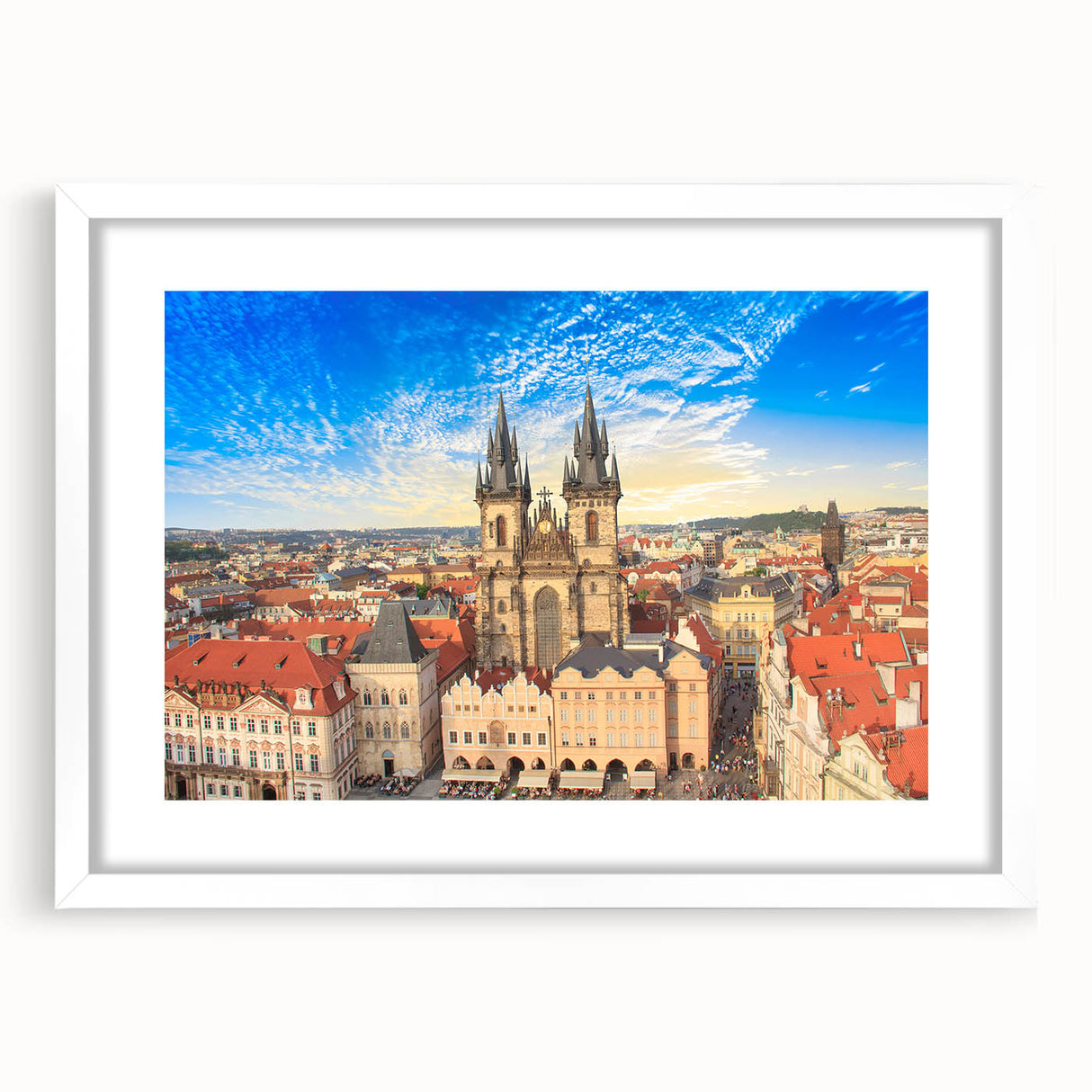 Textured art print of abstract Prague scenery in muted earth tones, framed with a white mat, ideal for bedroom wall decor.