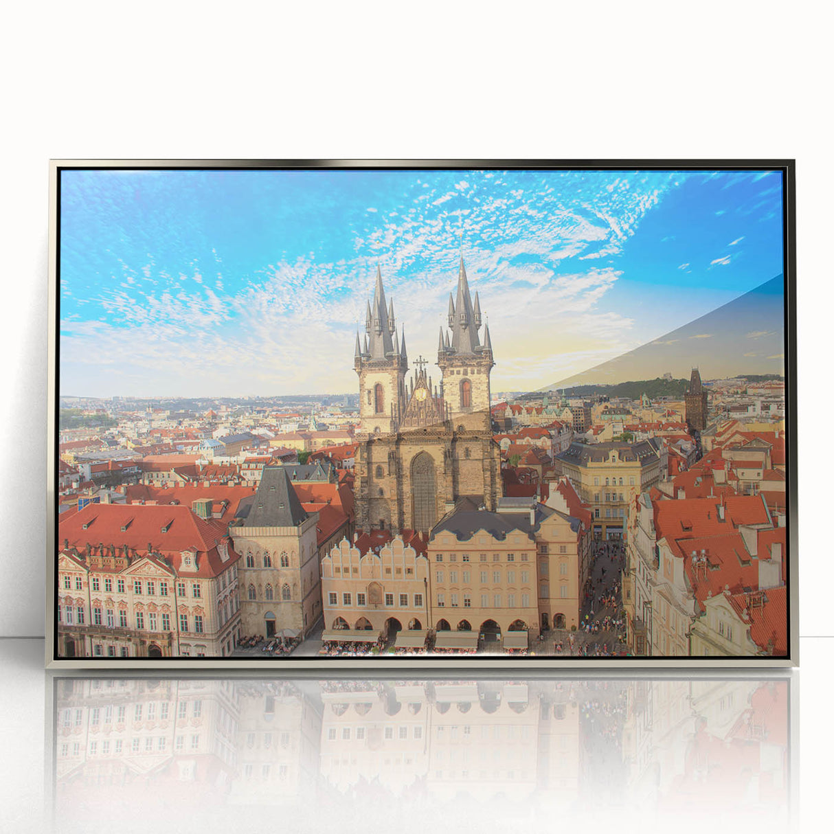 Framed acrylic print of Prague skyline in muted earth tones, ideal for modern art wall decor.