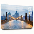 Acrylic print of a European cityscape in muted gray and blue tones, suitable for bedroom or dining room decor.