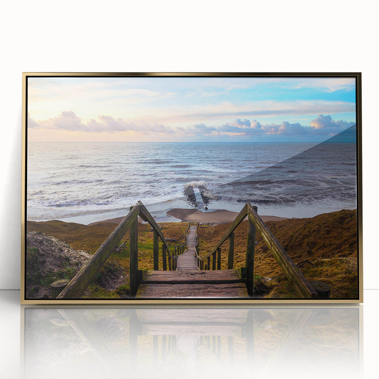 Acrylic print of a serene Danish landscape in muted green and blue tones, framed in gold, suitable for modern art wall decor.