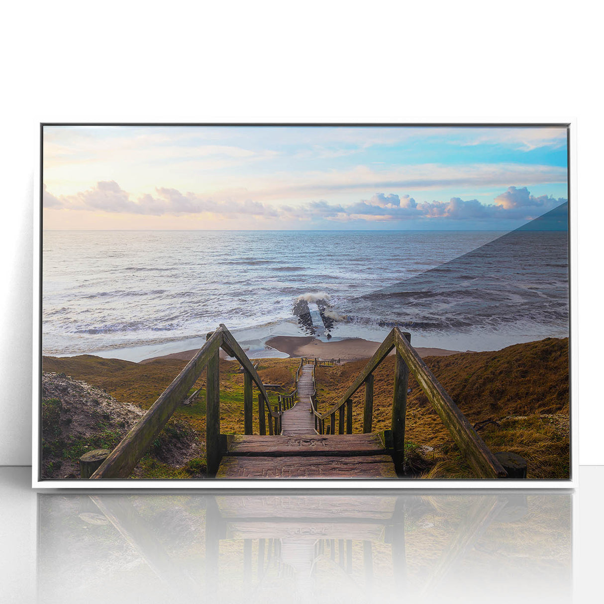 Mid-century modernist art depicting a serene Danish landscape in soft pastel colors, framed acrylic.