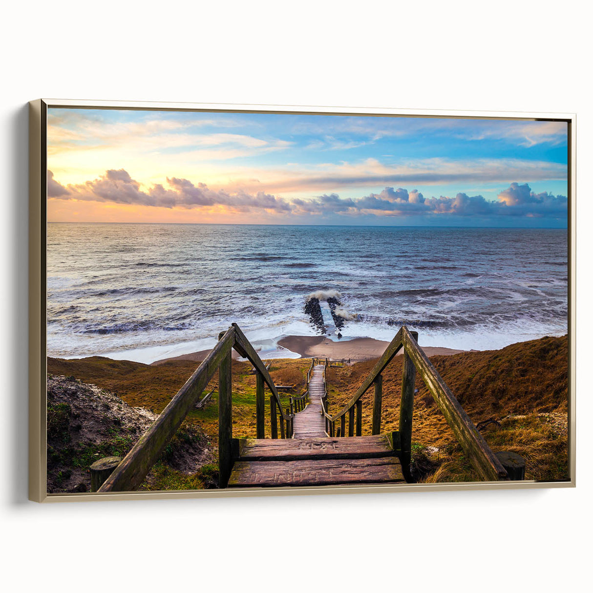 Framed canvas depicting a serene Danish landscape in muted gold and black tones, suitable for bedroom decor.